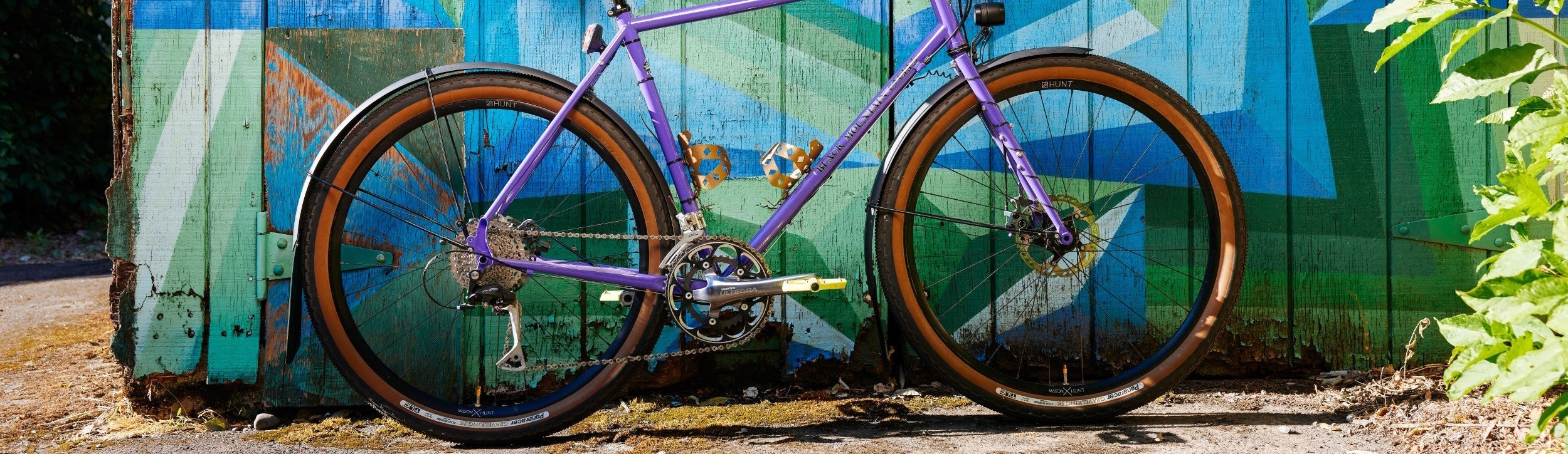 A purple gravel bike with two rattlesnek bottle cages and black full metal fenders leaned up against a painted fence.