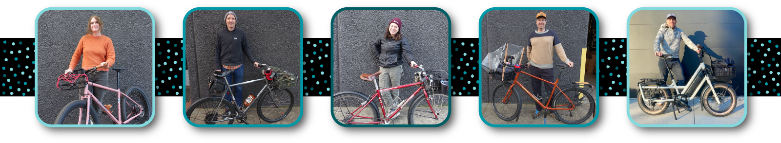 Banner with individual photos of each PDW staff member and their bike