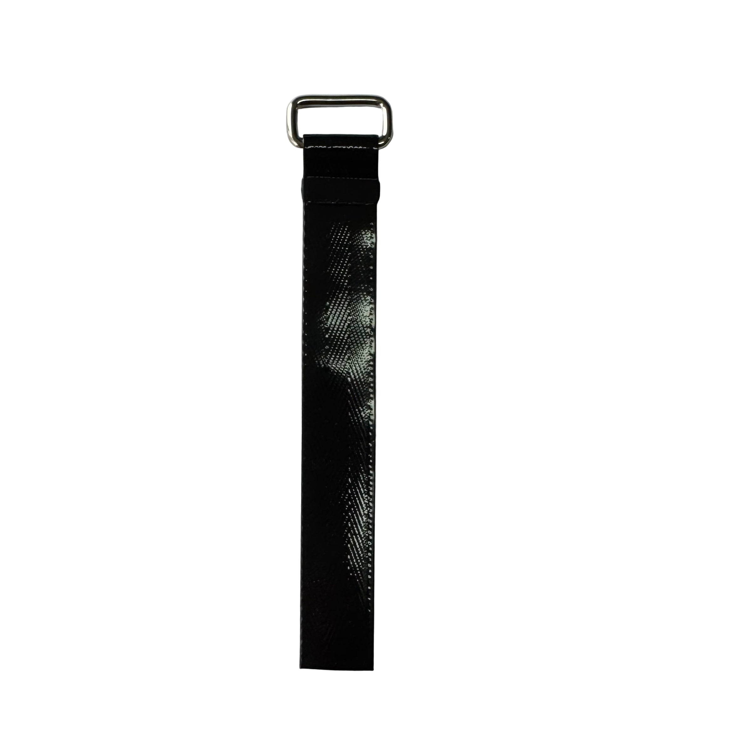 Black textured fender strap with a metal d-ring on a white background.