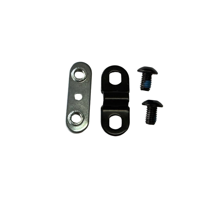 Metal components and screws on a gray background